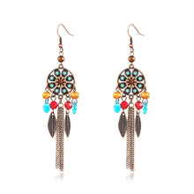 Load image into Gallery viewer, Boho Earrings-Color diamond gemstone alloy earrings women&#39;s round jewelry retro leaf iron chain tassel exaggerated earrings
