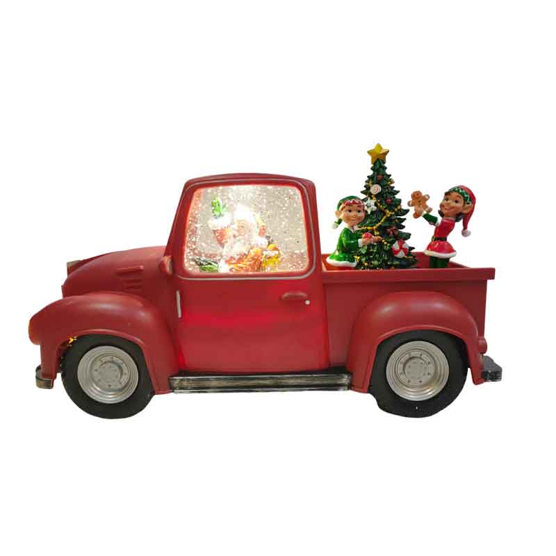 Vintage Red Truck Christmas Décor with Christmas Tree and Elves Ornament Lantern