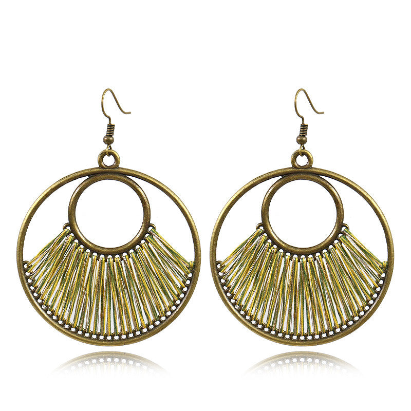 Boho Earrings-Ancient blue round-tassel earrings, fabric woolen earrings, handmade circle earrings