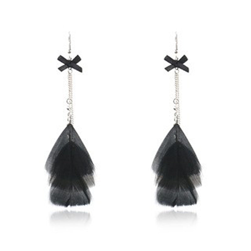 Boho Earrings-Picture color - new accessories black bow multi-layer feather earrings long flowing tassel earrings