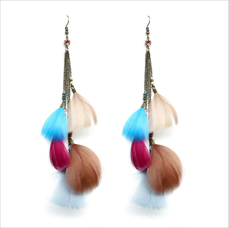Boho Earrings-Color-boho seaside holiday color long feather earrings fashion ear line women