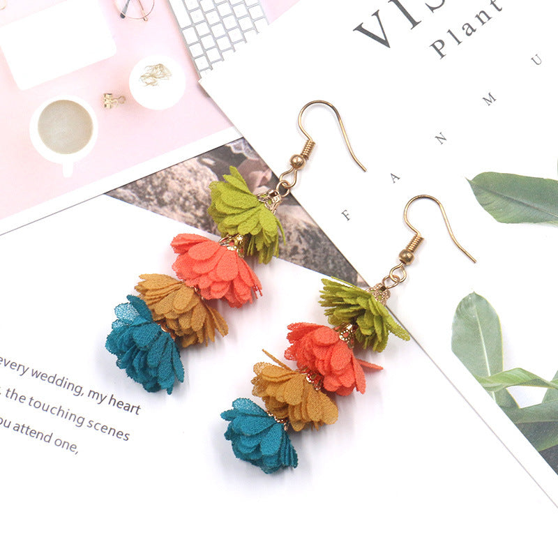 Boho Earrings-Mixed color-fashion simple fabric flower earrings female creative multi-layer tassel earrings bohemian holiday jewelry
