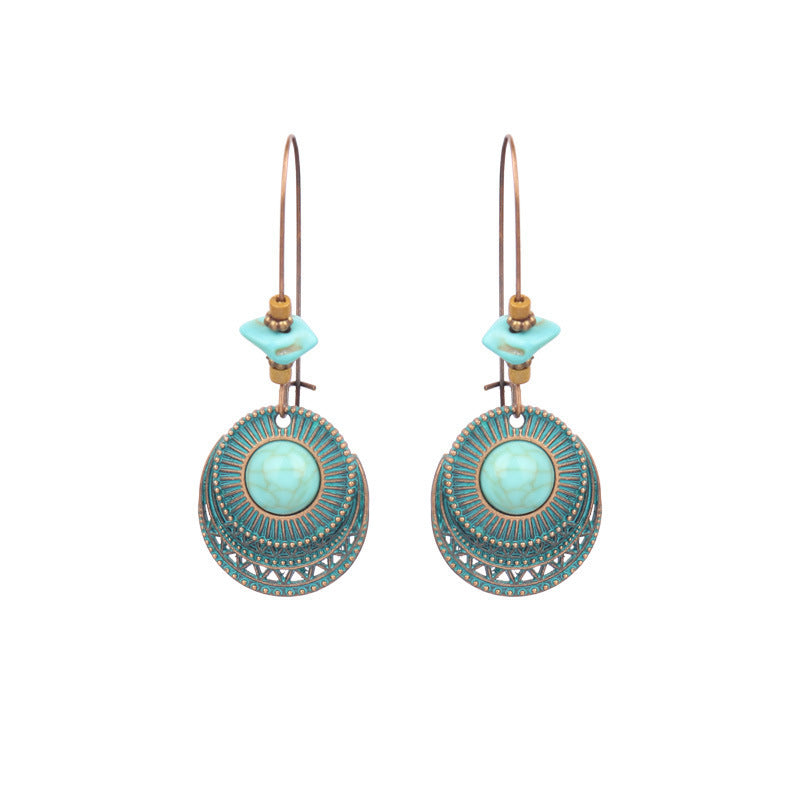 Boho Earrings-Hot selling fashion round alloy earrings female creative big ear hook turquoise earrings