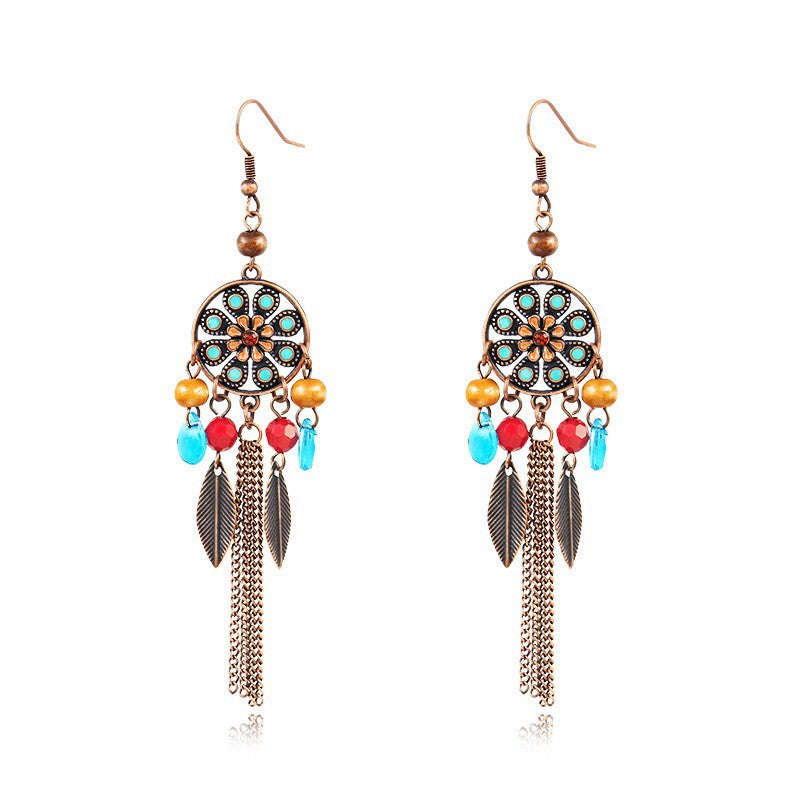Boho Earrings-Color diamond gemstone alloy earrings women's round jewelry retro leaf iron chain tassel exaggerated earrings