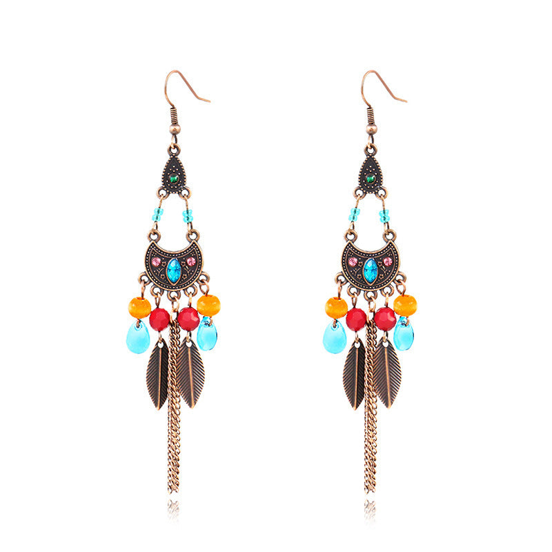 Boho Earrings-Color diamond gemstone alloy earrings female owl jewelry retro leaf iron chain tassel exaggerated earrings
