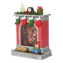 Load image into Gallery viewer, Christmas Light-Up Snow Globe Big Fireplace Santa&#39;s Workshop Red Awning Decor
